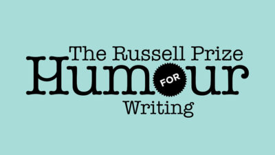 Black text on turquoise background reads 'The Russell Prize for Humour Writing'