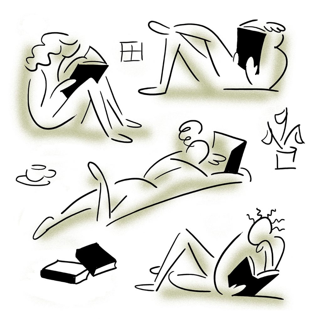 A digital illustration in black lines with khaki green shading showing a selection of figures reading books in various poses.